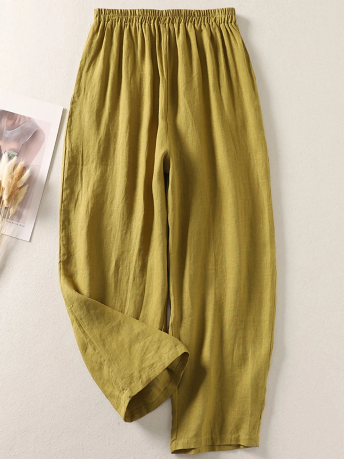 

Spring Summer New Women's Loose Wide Leg Pants Cotton Linen Casual Loose Fit Trousers High Waist Nine Points ket Design