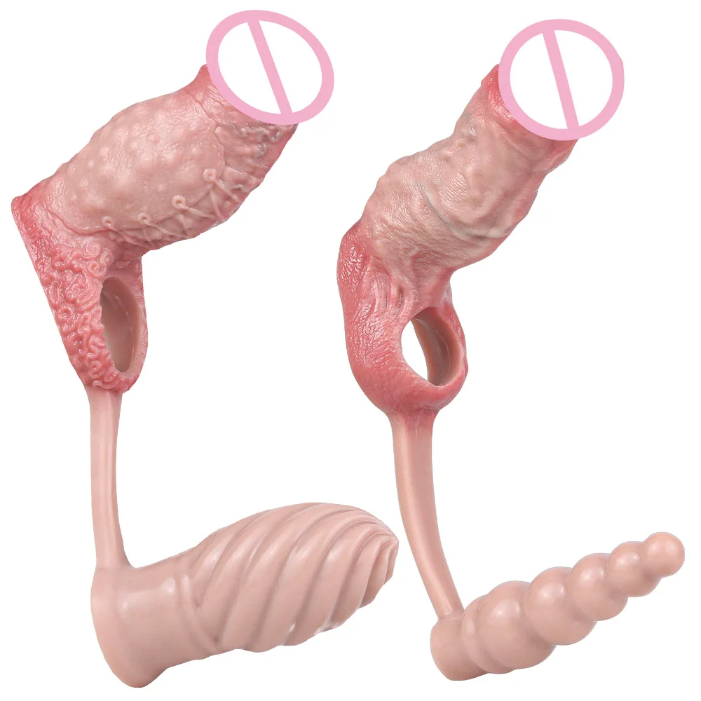 NNSX Skin-like Penis Sleeve with Butt Plug Hollow Dildo Sheath Silicone Male Dick Girth Enlarger&Extender Sex Toys for Man