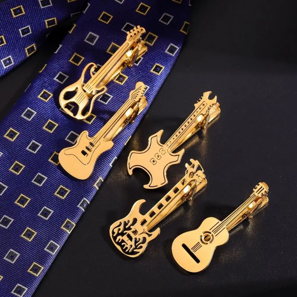 Fashion Treble Clef Guitar Tie Clip Titanium Steel Instrument Music Note Tie Pin Hip Hop Punk Piano Necktie Buckle Men