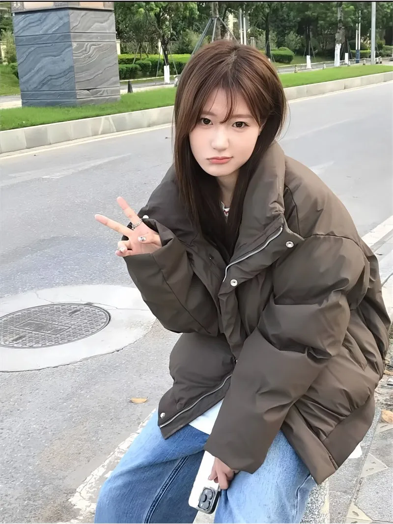 Trendy Cafe Brown Cotton Jacket Short Bread Style Casual High Collar Outerwear Autumn Winter Women's Standard Size Youth