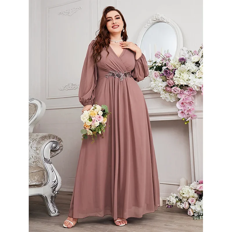 Mulheres Decote em V de mangas compridas Vestido, Rosa Chiffon Maxi Dress, Dama de Casamento, S-7XL, 4XL, 5XL