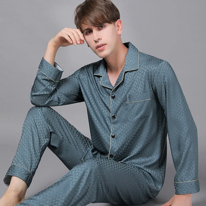 

Long Sleeve Ice Silk Satin Pajama Sets Male Spring Summer Thin Soft Smooth Fashion Printed Men Homewear Faux Silk Pyjamas 8971