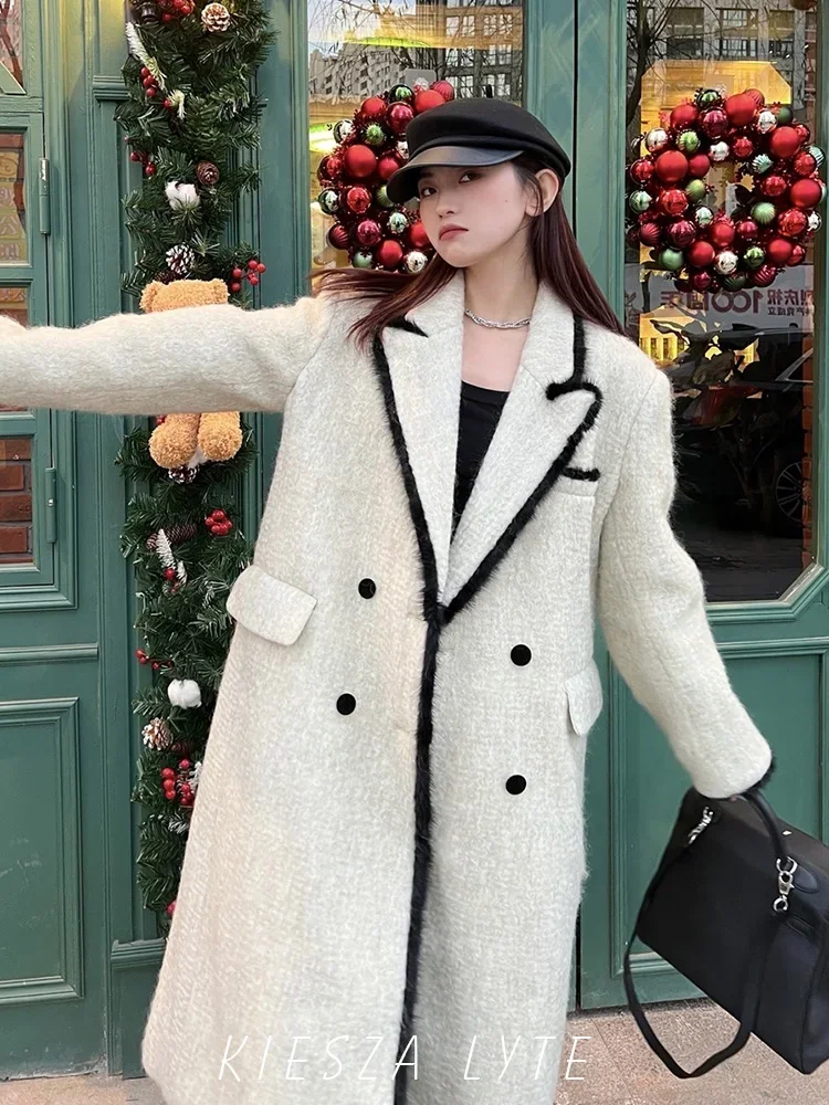 

Fashion Party 2024 Autumn Winter New Arrival High-End Color Block Coat Women 60% Wool Blend Long Woolen Jacket Mink hair side