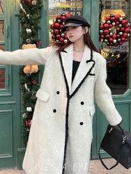 Fashion Party 2024 Autumn Winter New Arrival High-End Color Block Coat Women  60% Wool Blend Long Woolen Jacket Mink hair side