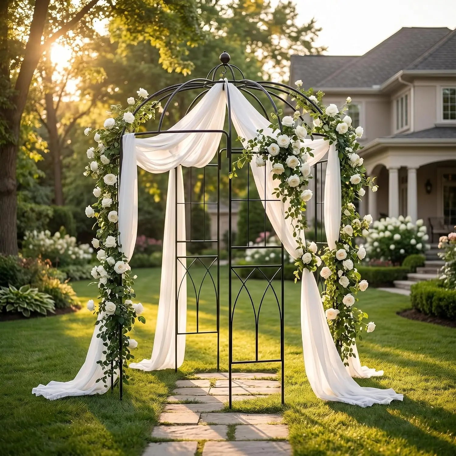 Birdcage-Shaped Garden Arbor Arch, 9 ft High x 6.8 ft Wide, Durable Iron Metal Pergola Gazebo Pavilion Trellis for Climbing Plants, Outdoor Garden Plant Support, Wedding Ceremony Arches