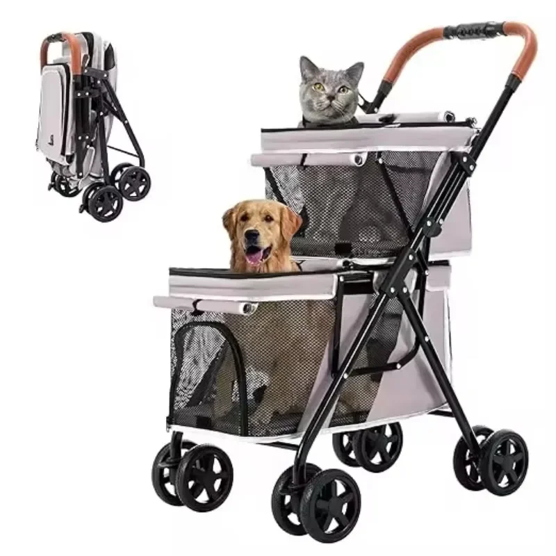 Poussette légère à double étage pour animaux de compagnie, chariot pour chien, voiture pour animaux de compagnie, 4 roues