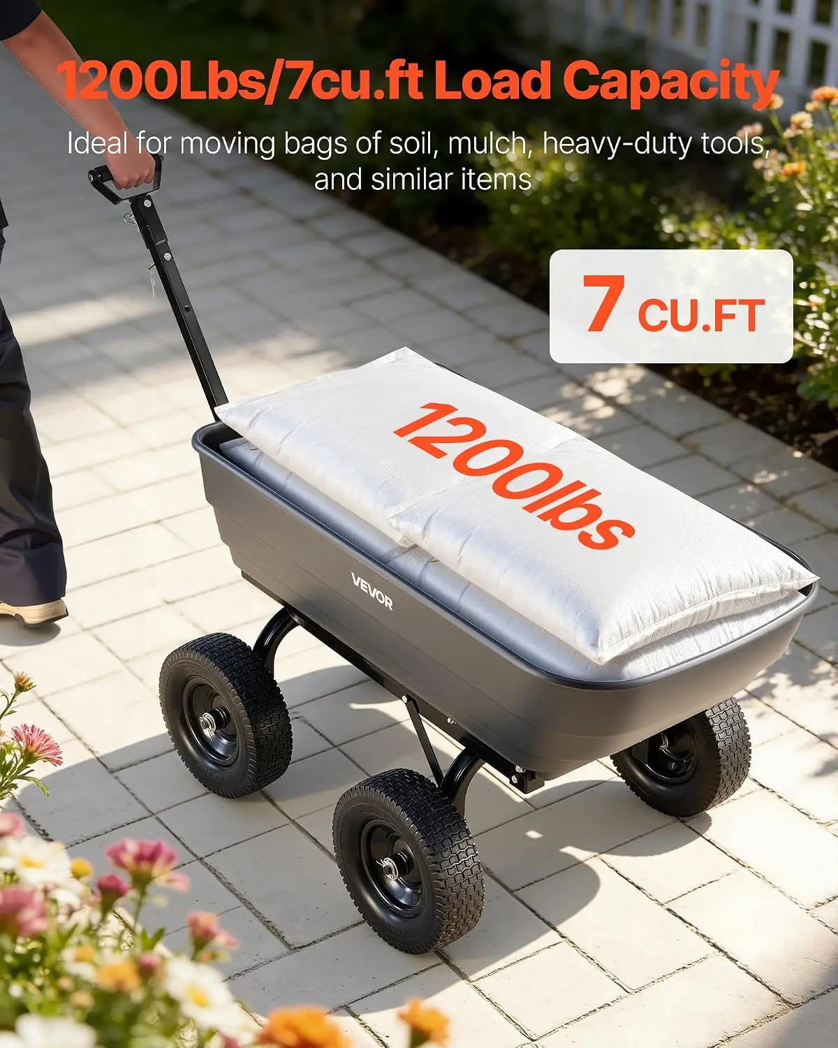 Garden Poly Dump Cart 1200 lbs 7 Cu Ft 2 in 1 Convertible Handle 90 Degree Quick Dump 180 Degree Swivel Wheels for Plants Crops