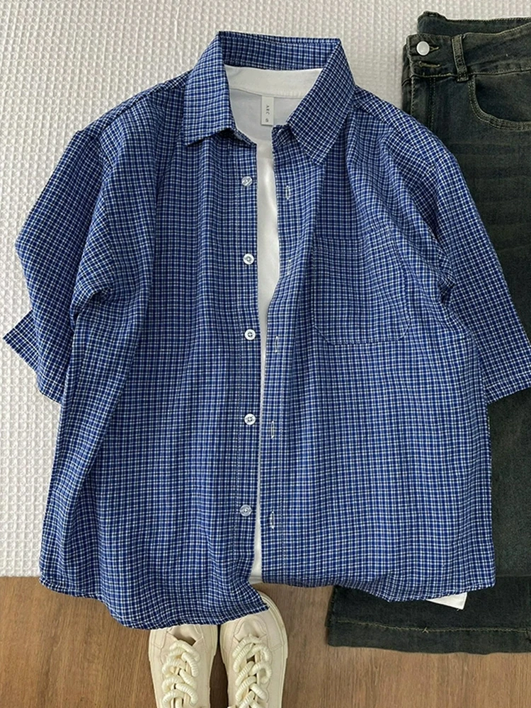 

Мужская летняя рубашка в американском ретро-стиле, синяя в клетку, с коротким рукавом, для максимального охлаждения, солнцезащитная верхняя одежда Cleanfit