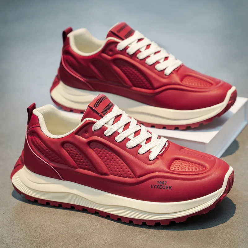

Luxury Chunky Sneakers Men Fashion Casual Genuine Leather Increased Internal Platform Shoes Color Block Cover Bottom Board Shoes