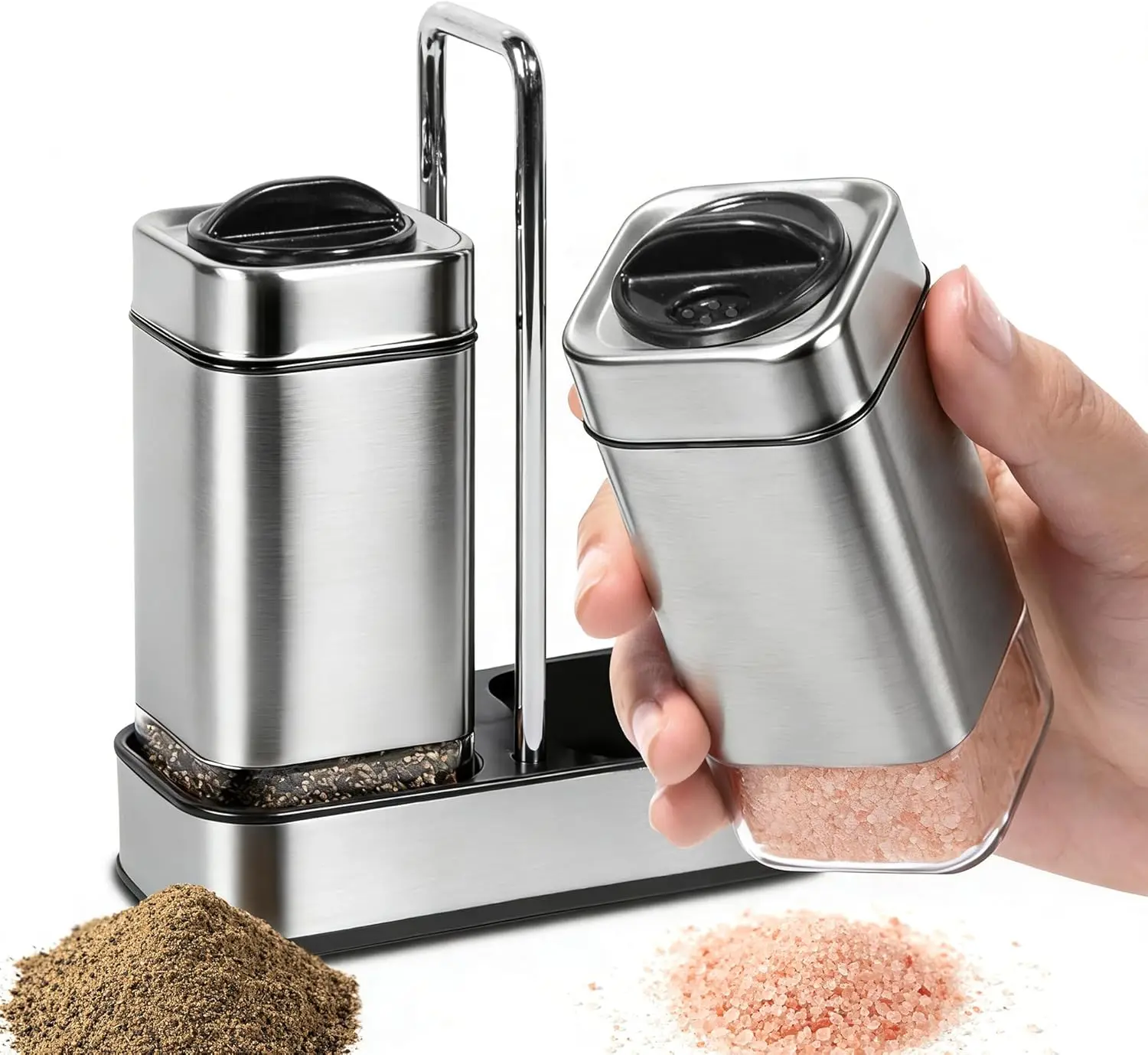 Juego de Salero y Pimentero Ajustables de Acero Inoxidable con Soporte - Utensilio de Cocina de 2 Piezas para Sazonar Fino o Grueso