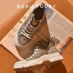 BeauToday Casual Sneakers donna vera pelle scamosciata tela stringata scarpe basse alte da donna fatte a mano C29575