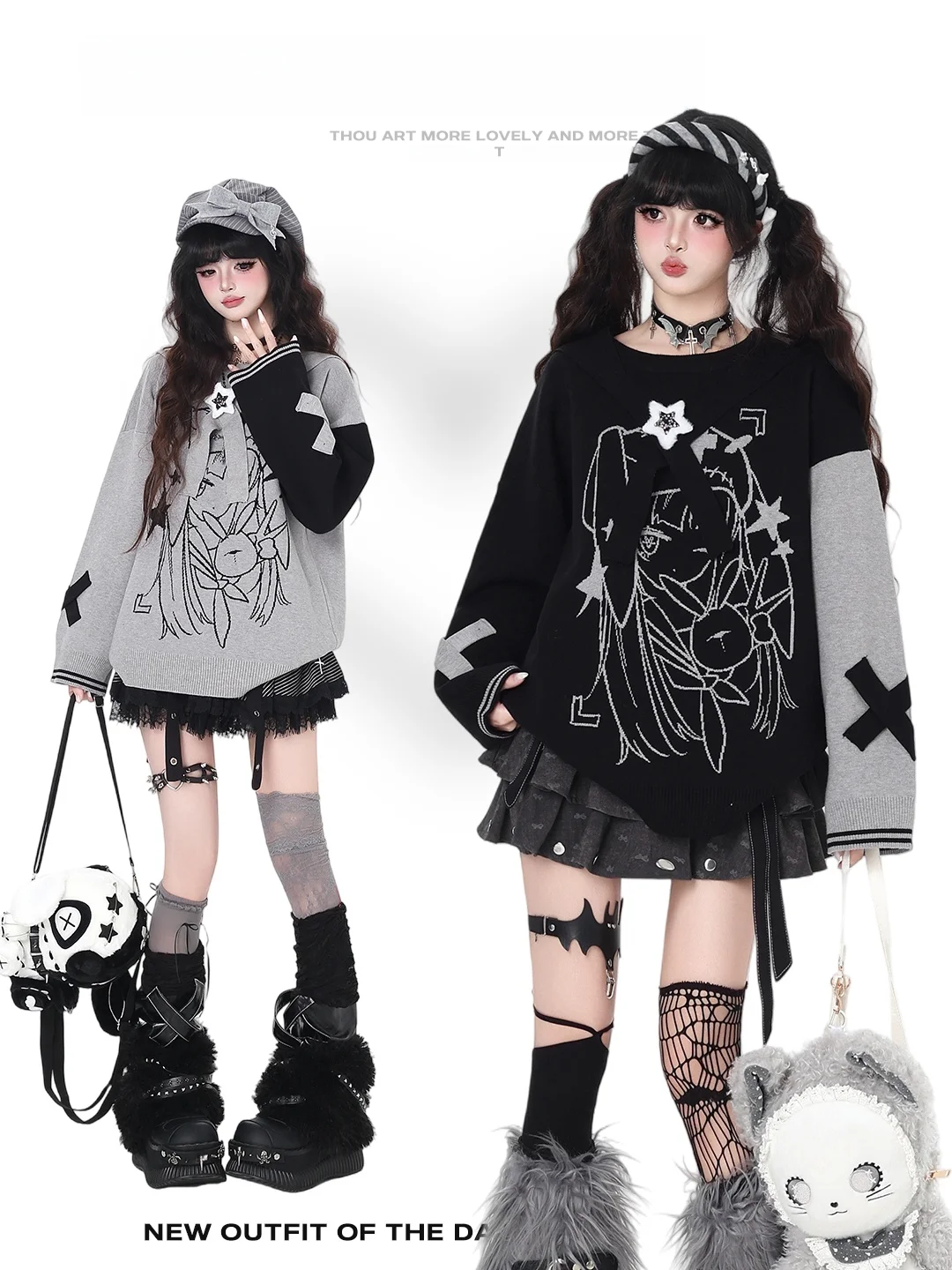 

Crazygirl Original Rabbit Ear Sweater Loose round Ne Fem Sle Casual Loose Fit Color Blo Autumn Winter Women Knitwear