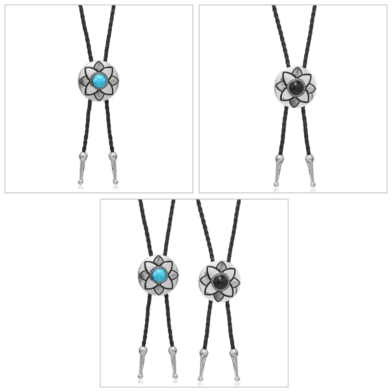 

634C American Bolo Tie Punk Necktie Vintage Metal Flower Stone Cowboy Hat Pendant Western Necklace Costume Accessories