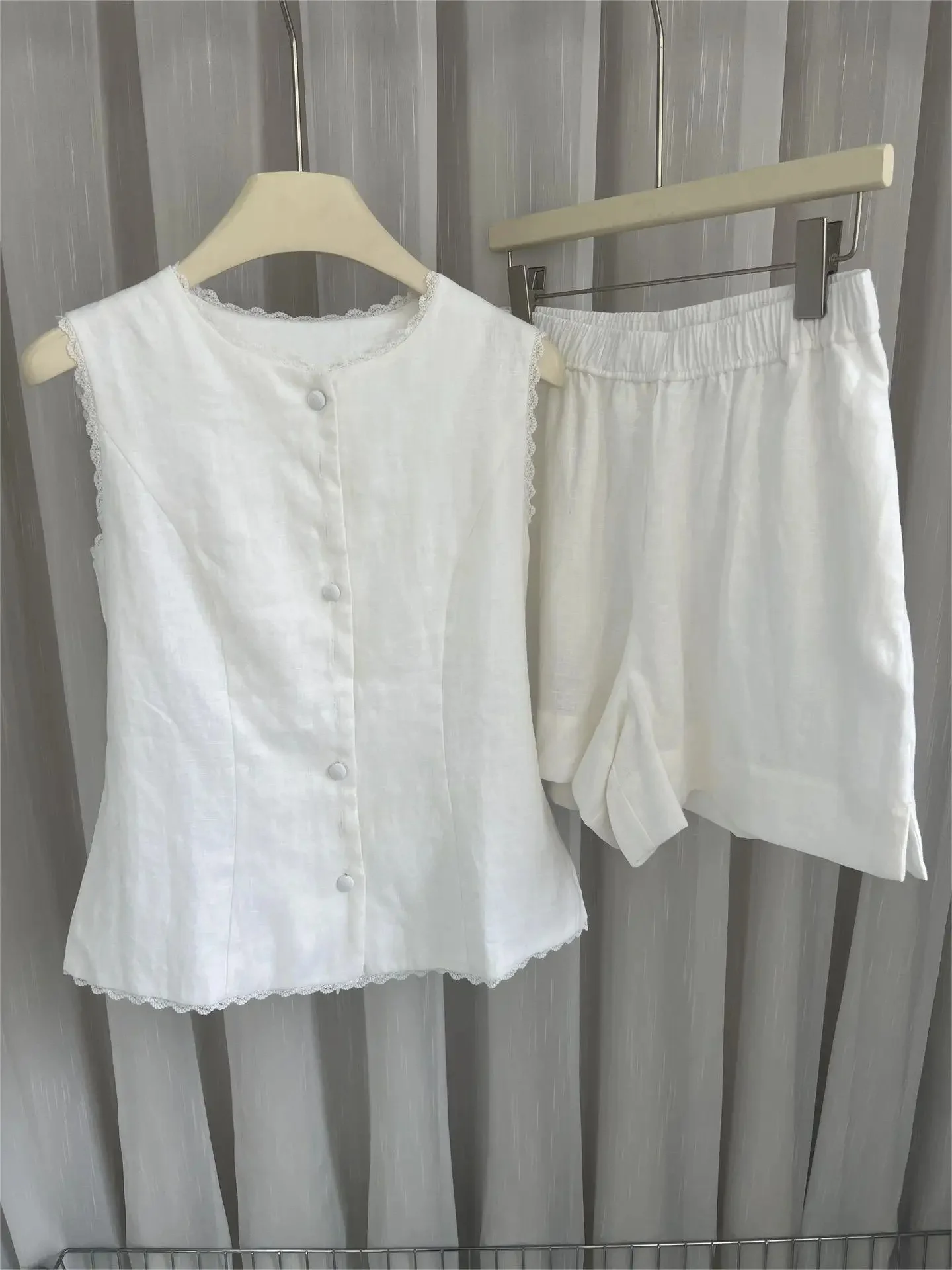 Women's Linen Set Single Breaste Sleeveless O-Neck Blouse or Elastic Waist Shorts Elegant Female Suit