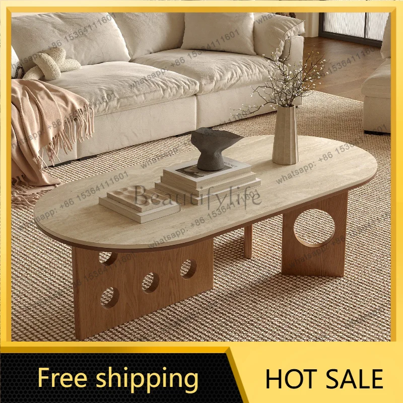 PG Nordic light luxury oval rock slab coffee table hollow wooden living room designer coffee table