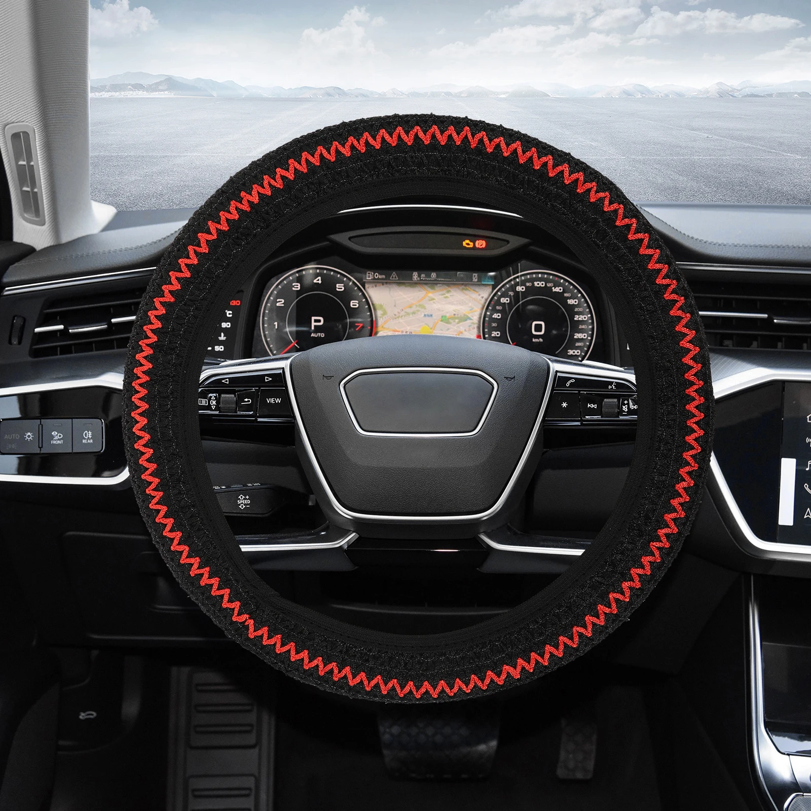 

Steering Wheel Cover 38cm Ice Silk Black Red Universal Fit Heat Protection Car Protective Wrap Easy Installation