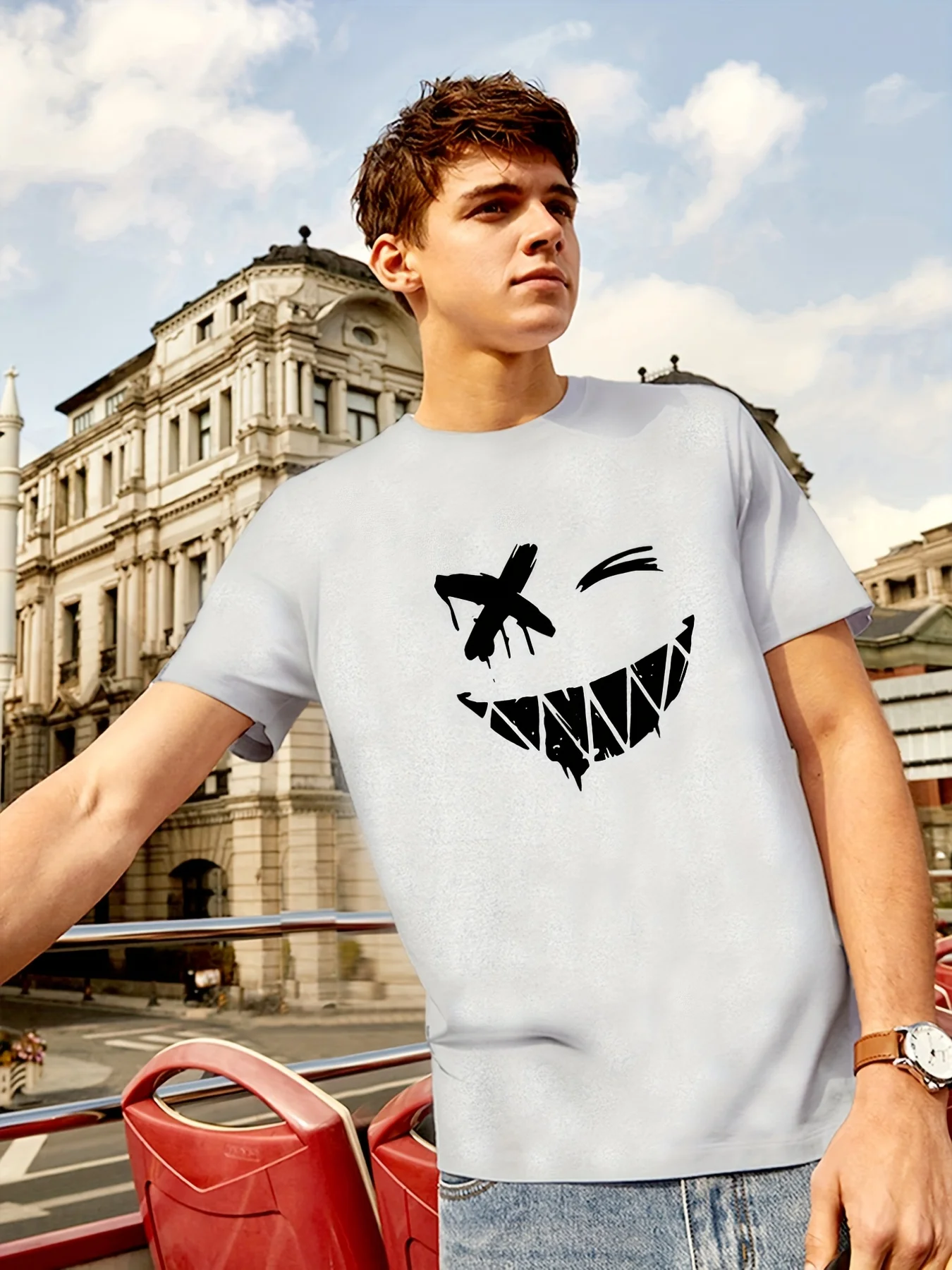 T-shirt à manches courtes et col rond pour hommes, 100% pur coton, à la mode, sport, décontracté, ample, visage souriant, imprimé, été