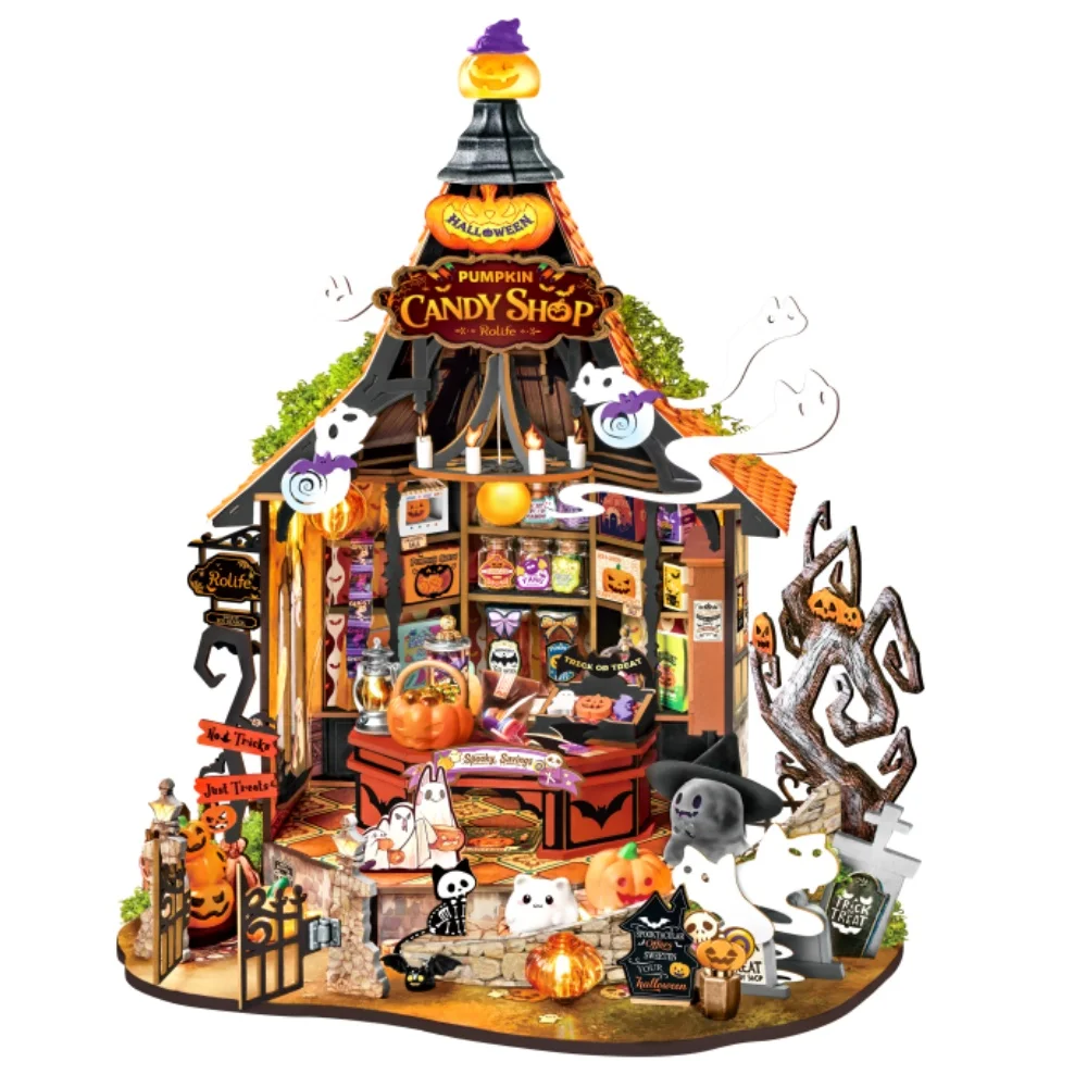 Robotime Haunted Candy House DIY Miniaturhaus-Bausatz Modellbausatz Gruseliges Niedliches Miniaturhaus Heimdekoration für Halloween und Weihnachten