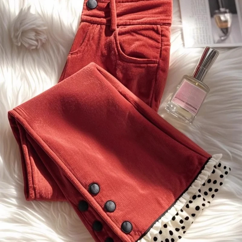 

2024 Spring Fall Women Ruffled Dot Red Corduroy Flare Pants , Woman Autumn Female Casual Trousers