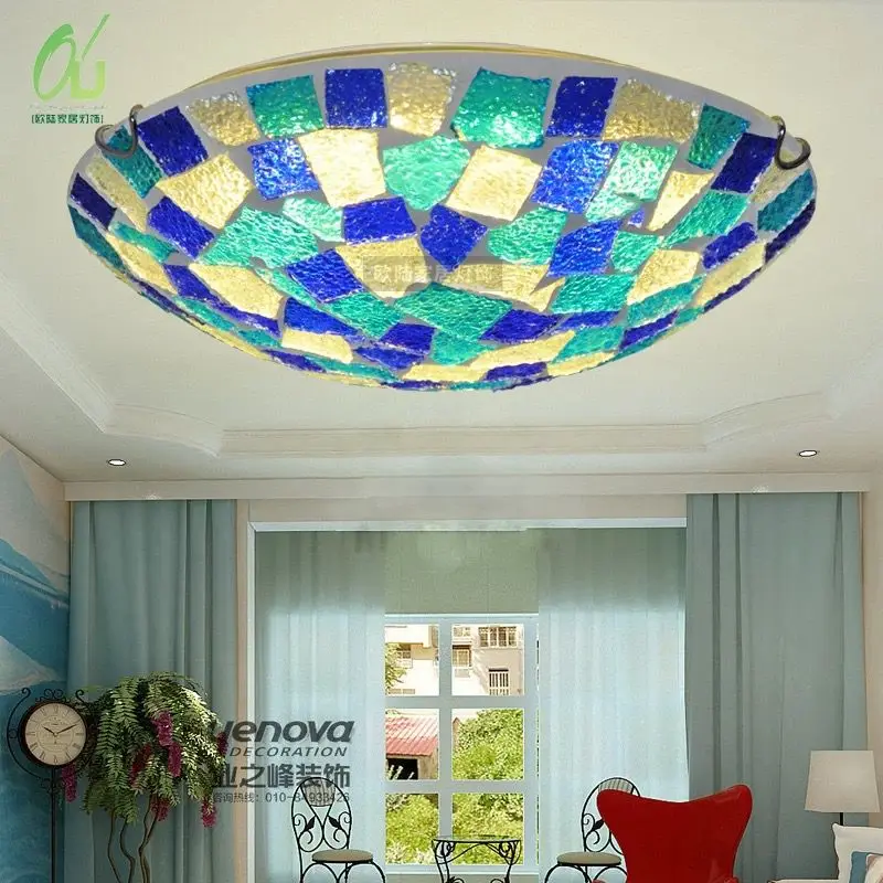 

painted glass ceiling lamp living room bedroom balcony European style romantic warm blue ceiling lamp