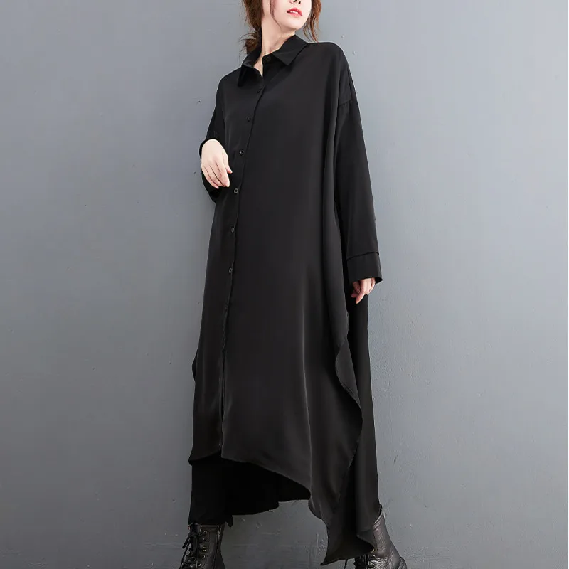 #4099 Black Long Dress Women Polo Neck Casual Shirt Dresses Long Sleeved Loose Asymmetrical Chiffon Dress Split Korean Style