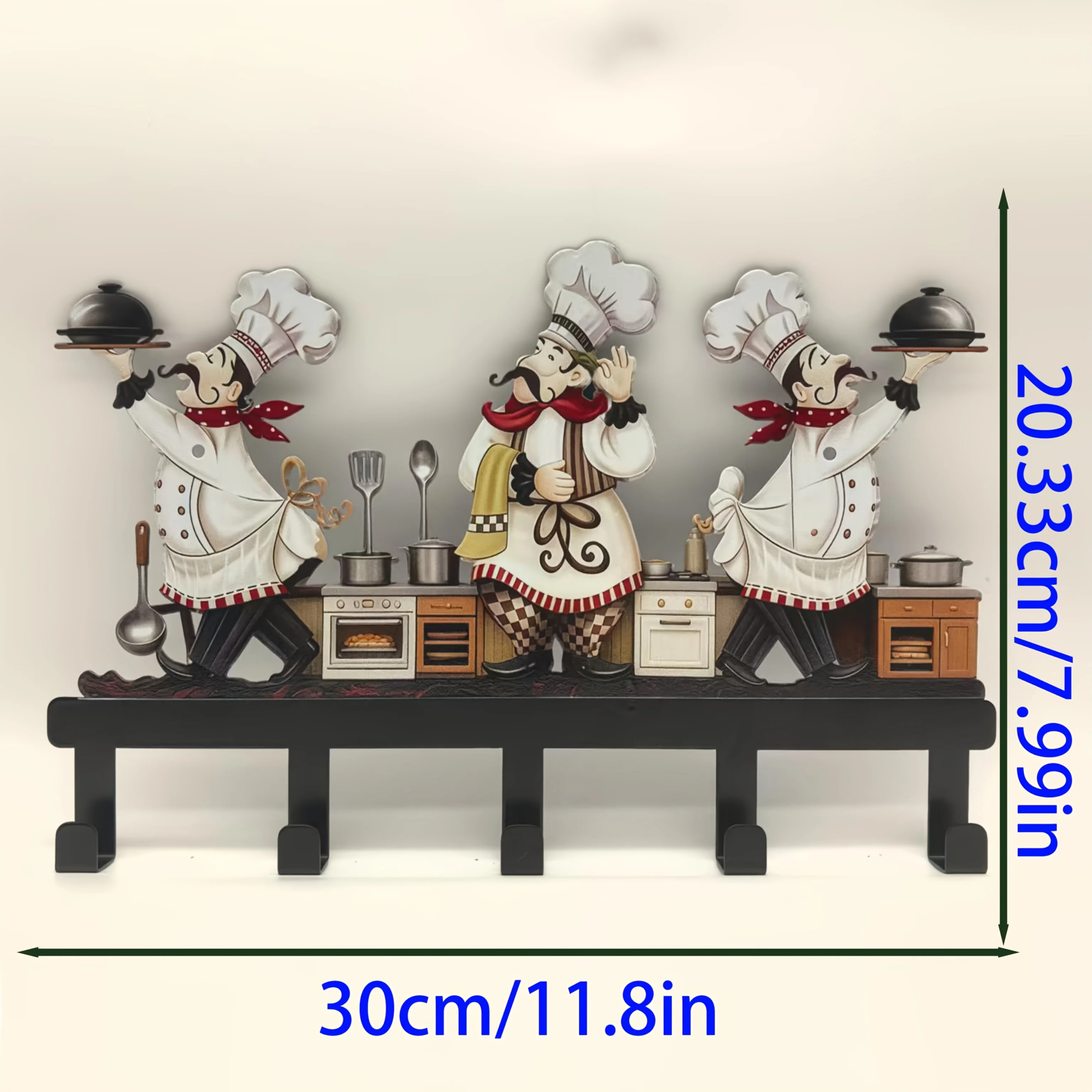 Cute Chef Statue Kitchen Wall Hook Rack, Utensil Hooks, Kitchen Towel Hooks, Rustic Metal Decorative Hooks with 5 Hooks