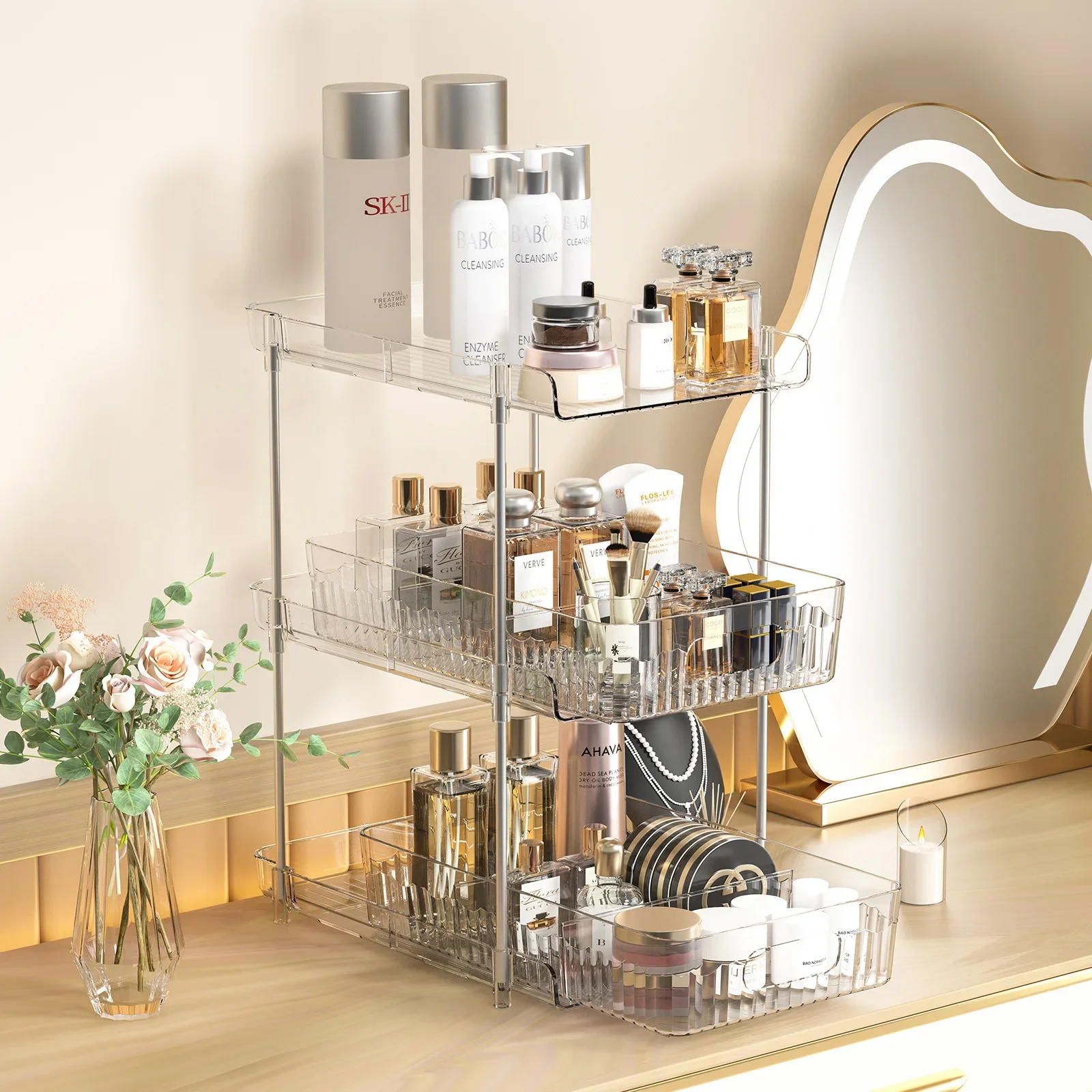3 Tier Kitchen Organizer Under Sink Sliding Cabinet Basket Pull-Out Vanity Skincare Cosmetic Closet Storage Rack for Bathroom