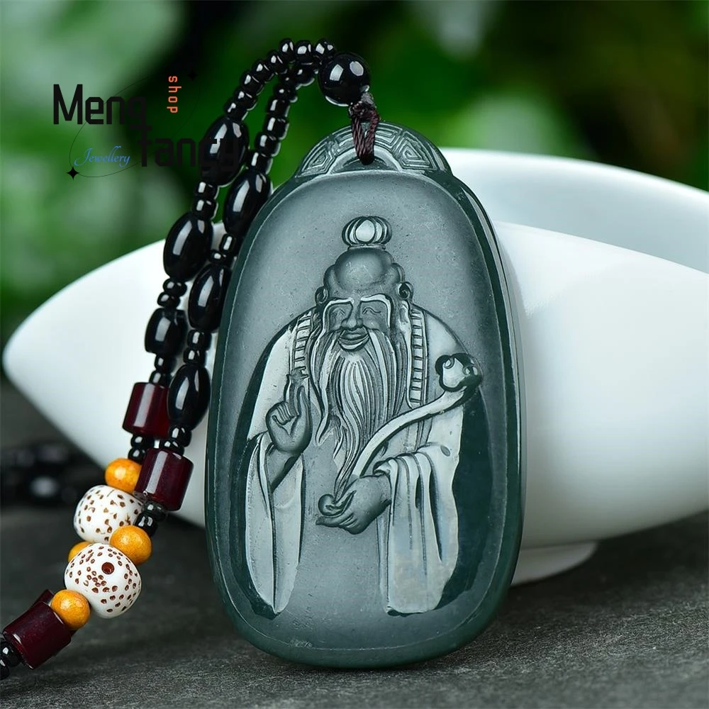 Natural Hetian Green Jade Double-sided Engraving Laozi Landscape Picture Pendant Exquisite High-grade Charm Fashion Fine Jewelry