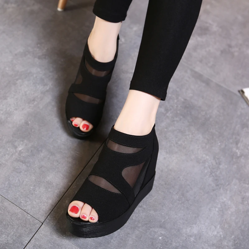 

9cm Black Wedge Sandals Woman Mesh Open Toe Platform Heels Shoes Punk Back Zipper Summer Boots Sandalias Femme