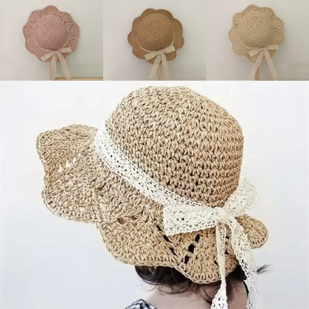

New Lace Summer Straw Hat Breathable Wide Brim Sunscreen Hat Sun Protection Foldable Fisherman Cap Kids