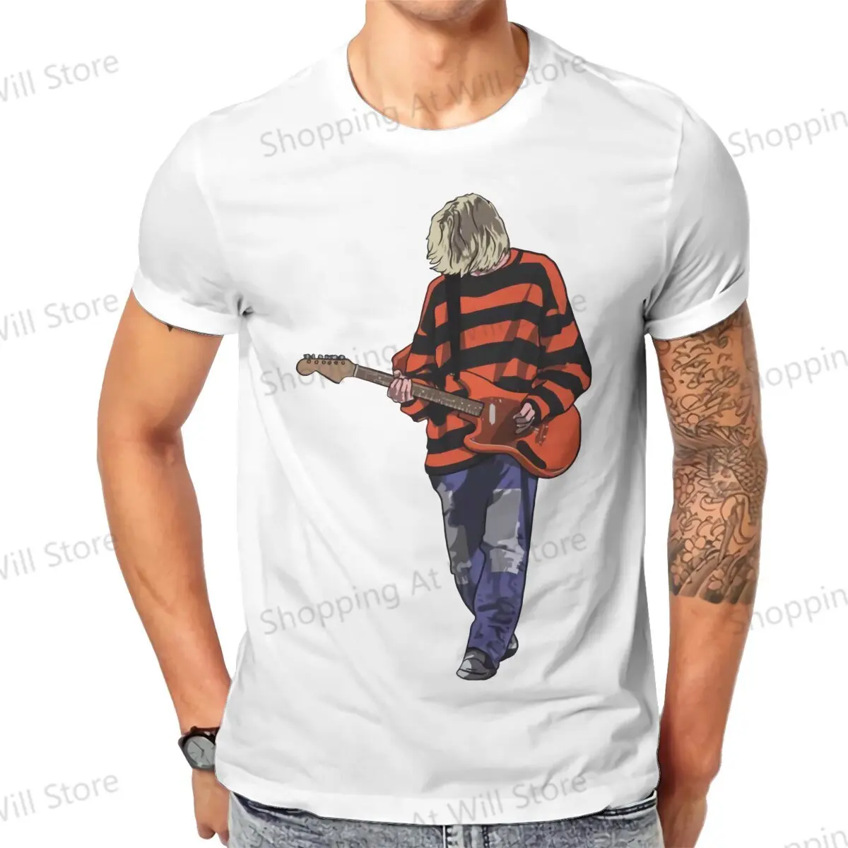 Tops 100% Cotton Fun Fashion Stripey Kurt Men's and women's T-shirts Kurt Cobain Guitar  Tshirt Top