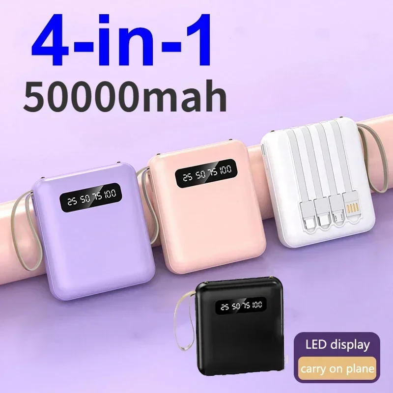 

4-in-1 Power Bank 50000mAh Mini Super Fast Charging With 4 Cable Mobile External Battery Charger for iPhone Samsung Xiaomi Power