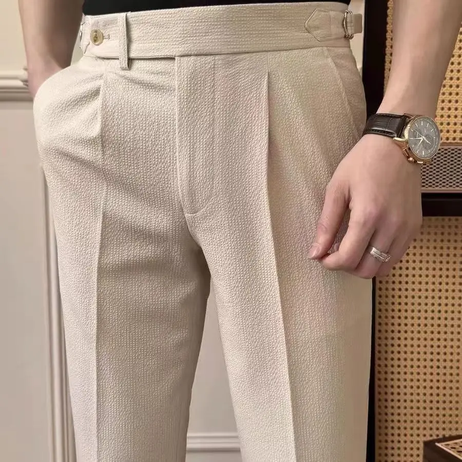 England Style Men Naples Suit Pants Fashion High-waisted Belt Design Straight Autumn Slim Fit Seersucker Casual Pant Streetwear