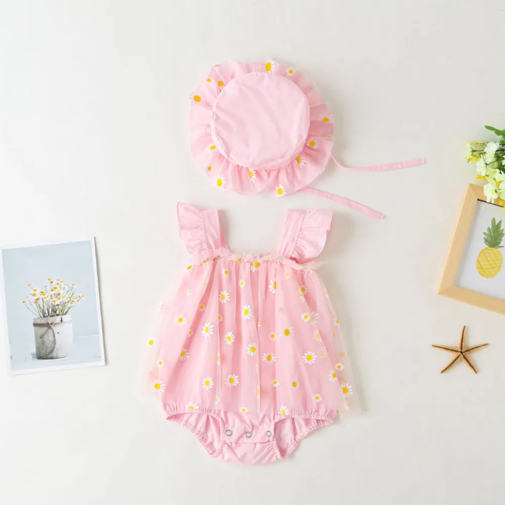 

Mesh Flower Baby Princess Dress with Hat Loose Sleeveless Baby Climbing Suit Infant Romper Sweet Thin Toddle Jumpsuits