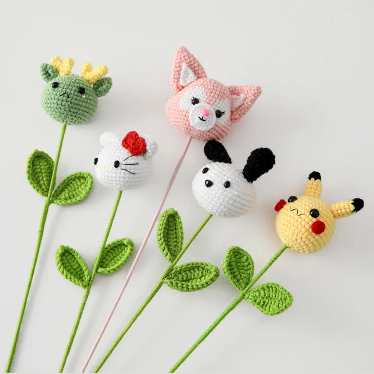 Handmade Simulation Wool Crochet Flower Cartoon Animal Bouquet Pig Panda Rabbit Kitty Doll Gif For Kids Children Wholesales 2024