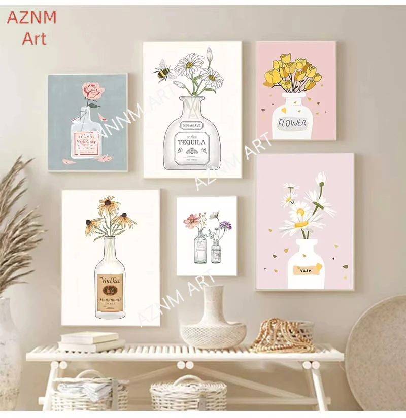 Pósteres e impresiones de flores de melocotón, tequila y vodka, arte de pared para bar, pinturas de alcohol, fotos para decoración del hogar y sala de estar