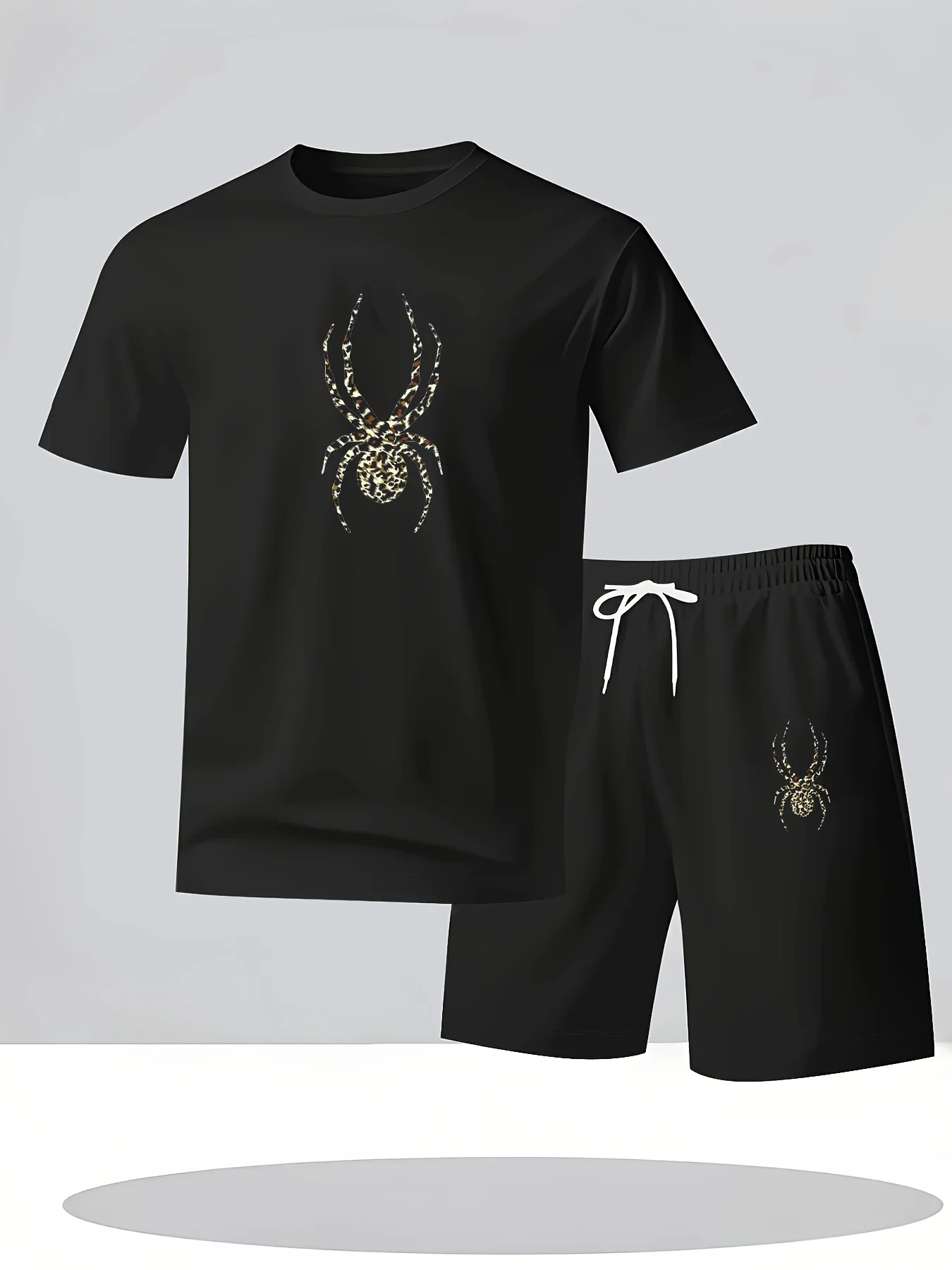 Spider Men's 2-piece Letter-Printed Short-Sleeved T-Shirt and Drawstring Shorts for Sporty and Casual Wear