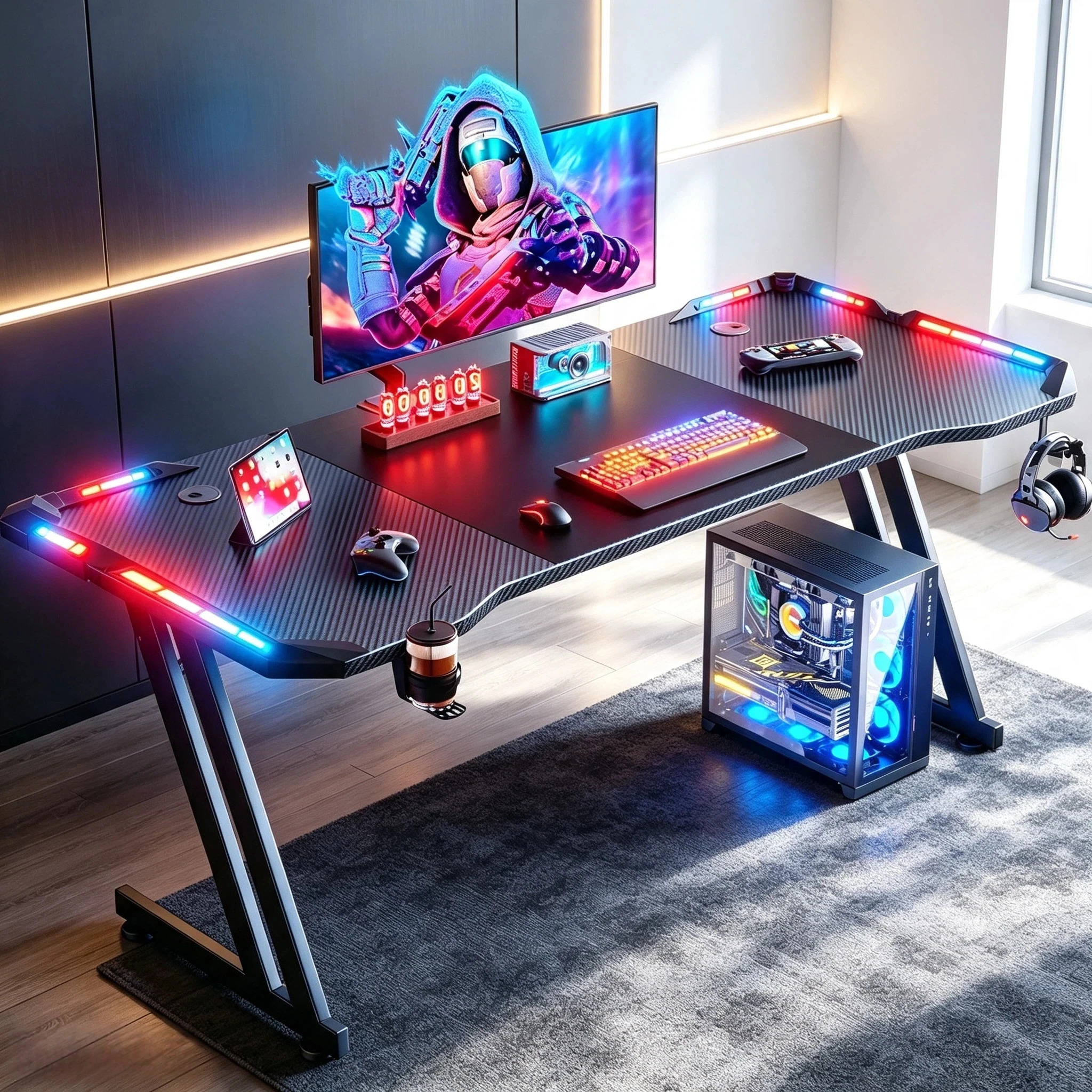 NEBMAAX 47/55/63inch Computer Desk, Gaming Desk with LED Lighting, Computer Gaming Desk with Carbon Fibre Top, Sturdy Office Desk with Headphone Hook & Cup Holder, Black