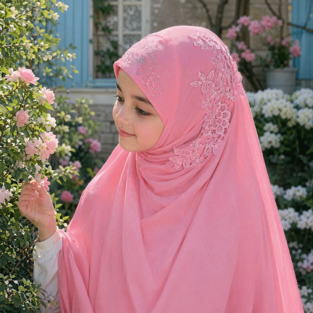 

New Beautiful Lace Rhinestone Hijab Elegant Flower Islamic Scarf Turban Solid Color Prayer Headscarf Pull on Wrap