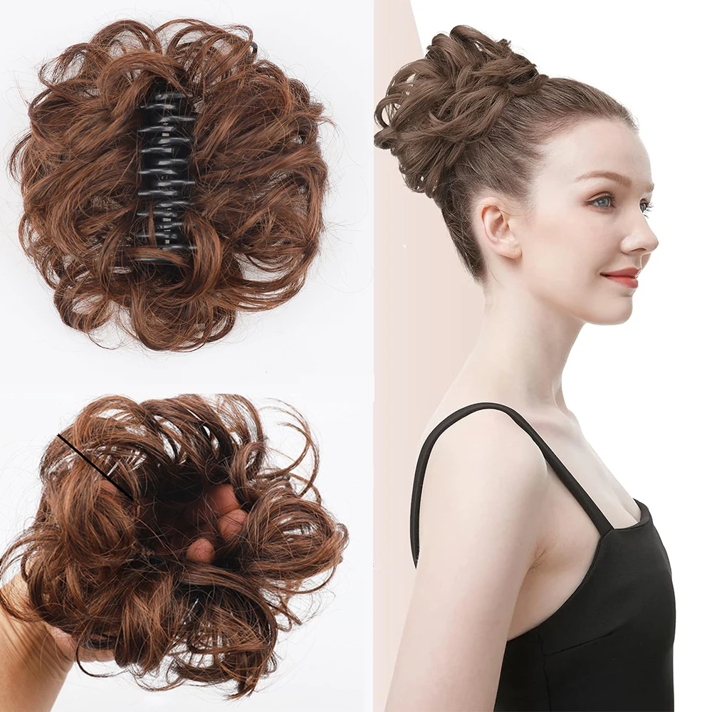 

Synthetic Messy Hair Bun Hair Pieces Elastic Wavy Curly Hair Bun Clip in Claw Chignon Ponytail Extension Tousled for Women Girls