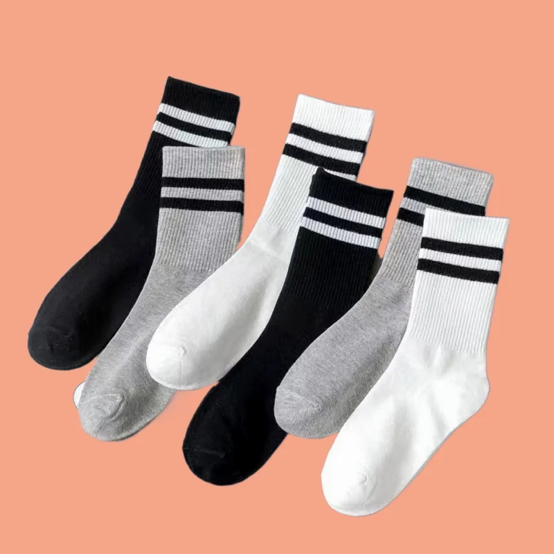 Chaussettes mi-longues respirantes à double barre pour femmes, chaussettes de sport en pur coton, chaussettes carillons, noir et blanc, gris, haute qualité, 5/10 paires