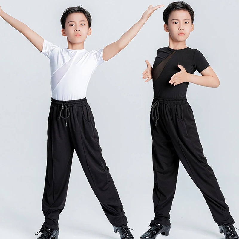 Kids Latin Dance Tops Short Sleeve Patchwork Design Boys Latin Dancing Tops+pants Performance Outfits
