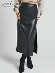 Autumn High Waist Leather Long Skirt For Women Brown Side Slit Slim Bodycon PU Skirts Ladies Vintage Skirts For Winter Women