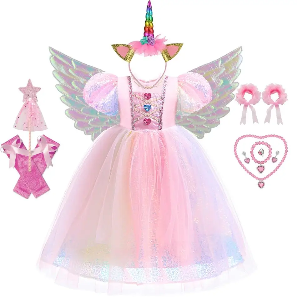 

Платье принцессы с единорогом для девочек, тюлевое бальное платье с радужными пайетками и пышными рукавами, детский праздничный свадебный костюм, карнавальное платье