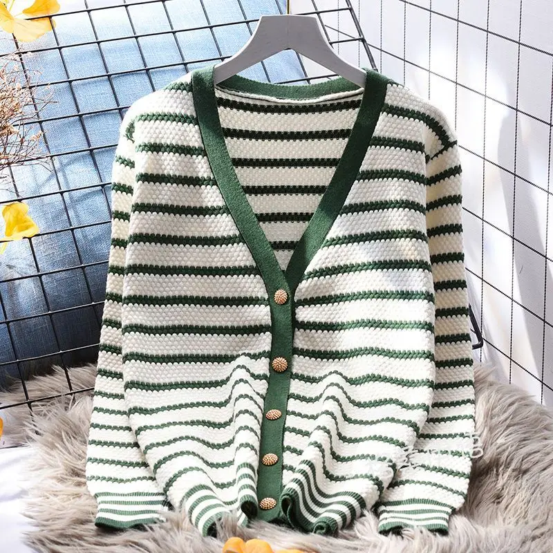 Korean Simple Striped V-neck Single Breasted Knitted Cardigan Coat Women's Casual Loose Long Sleeve All Match Sweater Top Jumper