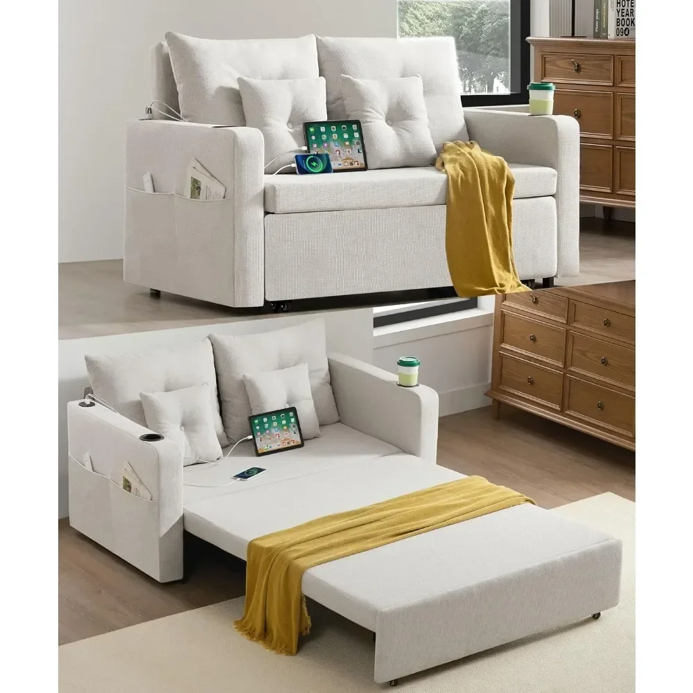 أريكة قابلة للسحب 3 في 1، سرير أريكة قابل للتحويل مقاس 56 بوصة، مقعد مع حاملات أكواب، جيوب تخزين، USB، أرائك أريكة لـ L