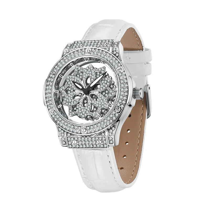 Casual Watch for Women Luxury Leather Strap 360 Degrees Rotary Star Hollow Luminous Ladies Watches Full Diamond Quartz Watch