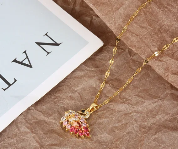 Classic Design Swan Zircon Pendant Necklaces For Women Girls Animal Pink Crystal Charms Stainless Steel Choker Jewelry