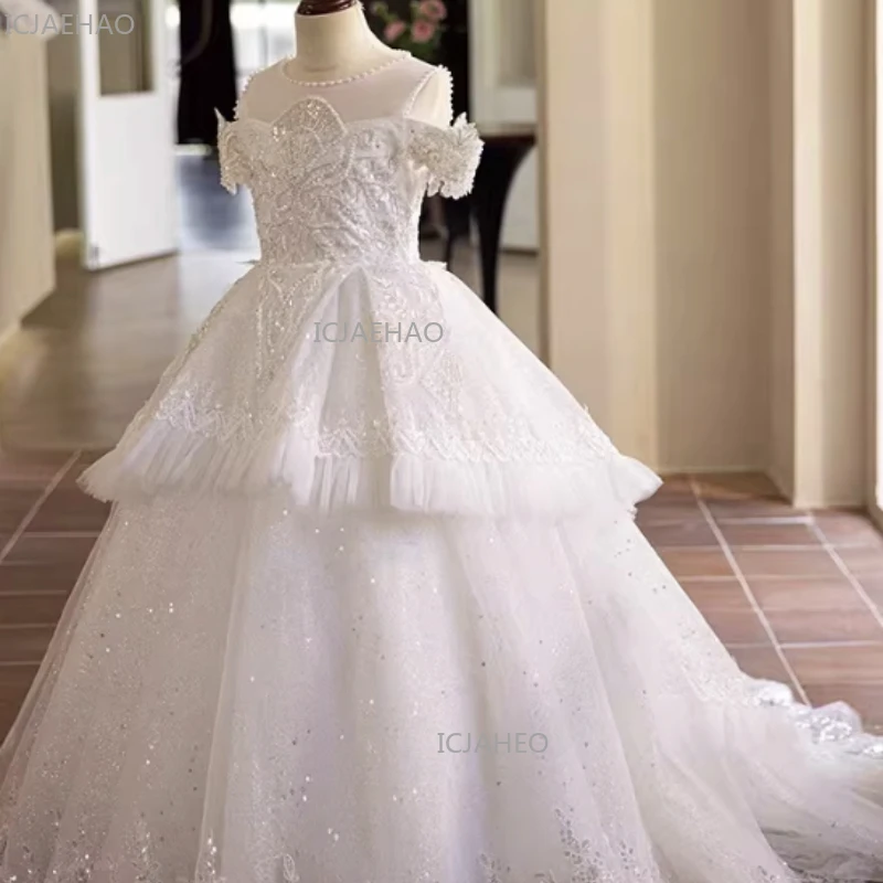 Girls White Princess Birthday Party Dress Pageant Gown for Flower Party Children Outfit Formal Evening Girl Wedding Performance