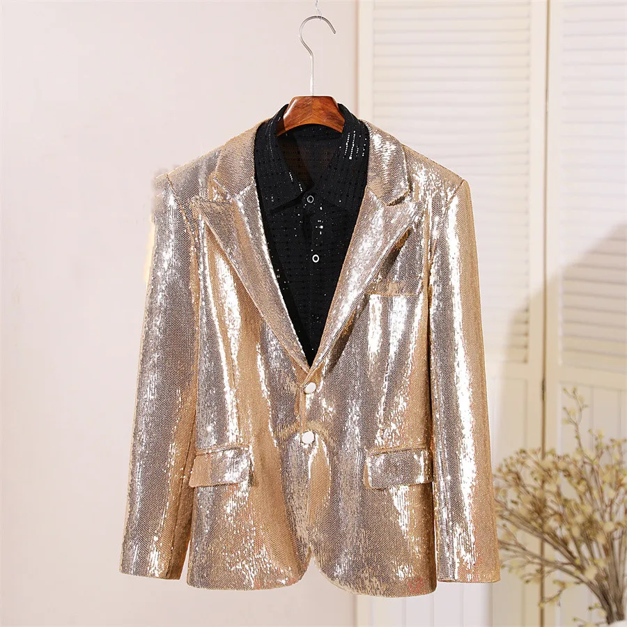 Men's Champagne Gold Sequin Blazers Casual Suit-style Jacket Party Bar Stage Show Singer Concert Performance Shiny Suit Coat